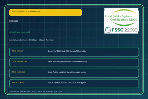 FSSC 22000 — Pass IA Rapport d'Audit Individuel & Export DOCX (Jusqu'à 300 Docs + 5 Clarifications IA)